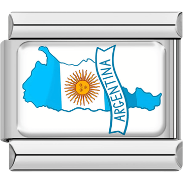 Italian charm with a silver border featuring the map of Argentina in blue and white flag stripes with a golden sun, and a banner reading “Argentina.”
